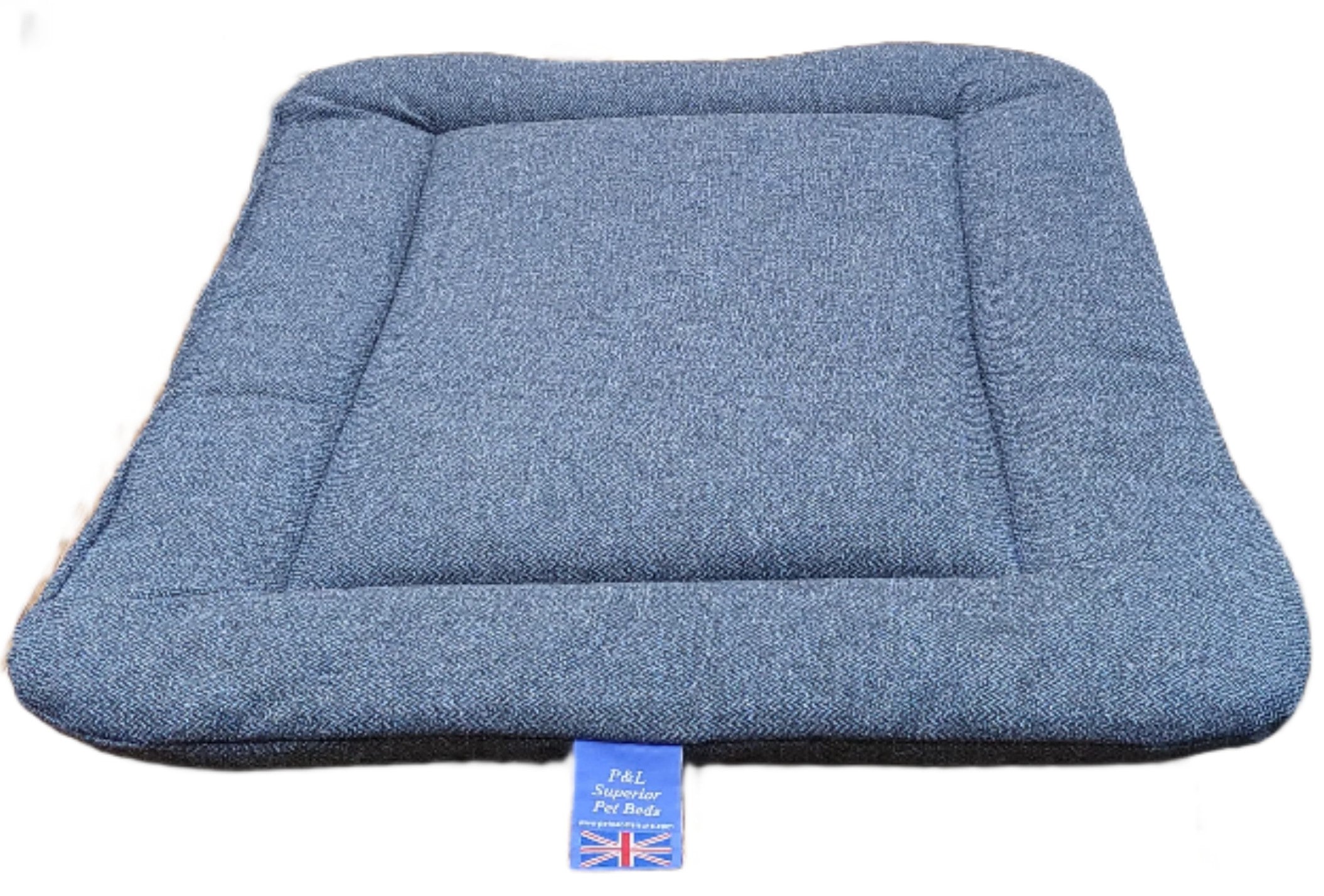 Blue Orkney tweed rectangular pet bed pad with quilted edges and P&L Superior Pet Beds label on white background