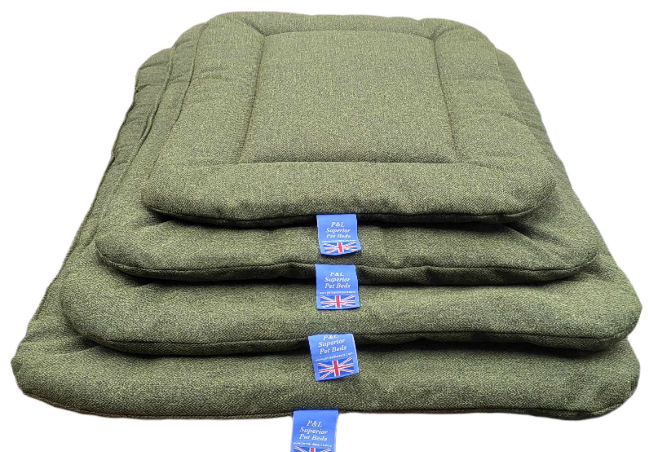 Stack of olive green Orkney tweed rectangular dog bed pads with P&L Superior Pet Beds British flag labels in various sizes