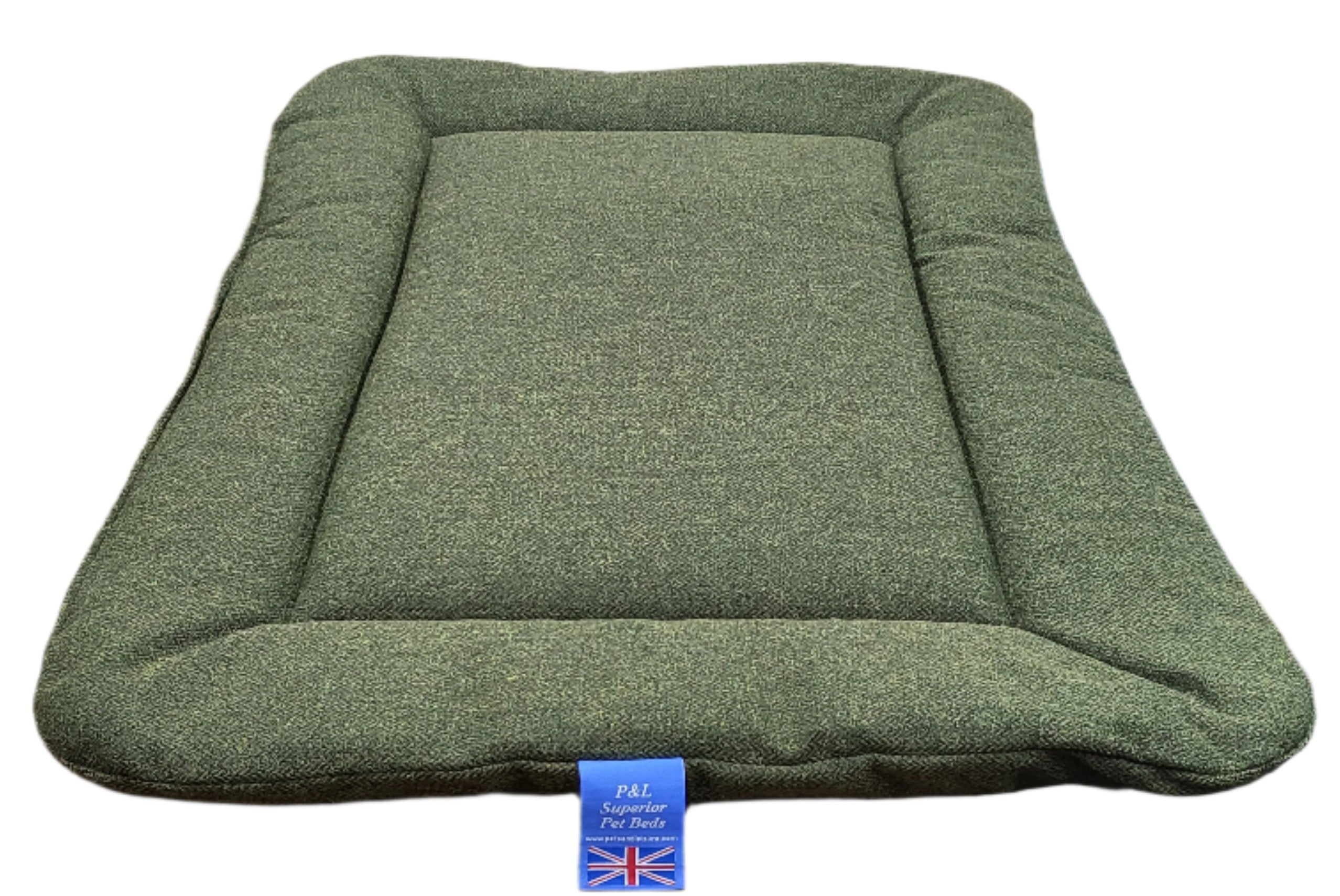 Green Orkney tweed rectangular dog bed pad with raised borders and P&L Superior Pet Beds label - premium comfort