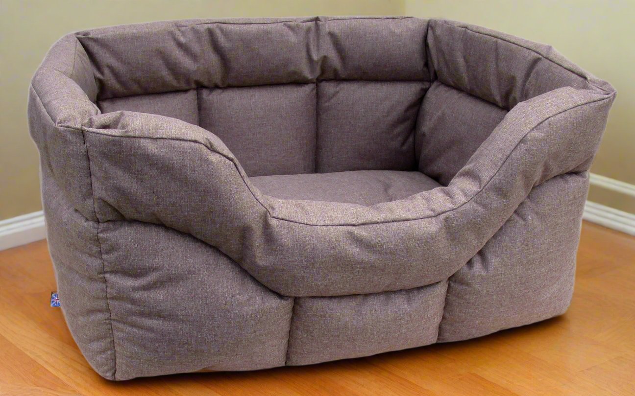 Grey Orkney tweed rectangular high sided waterproof dog bed with plush cushioned walls on wooden floor