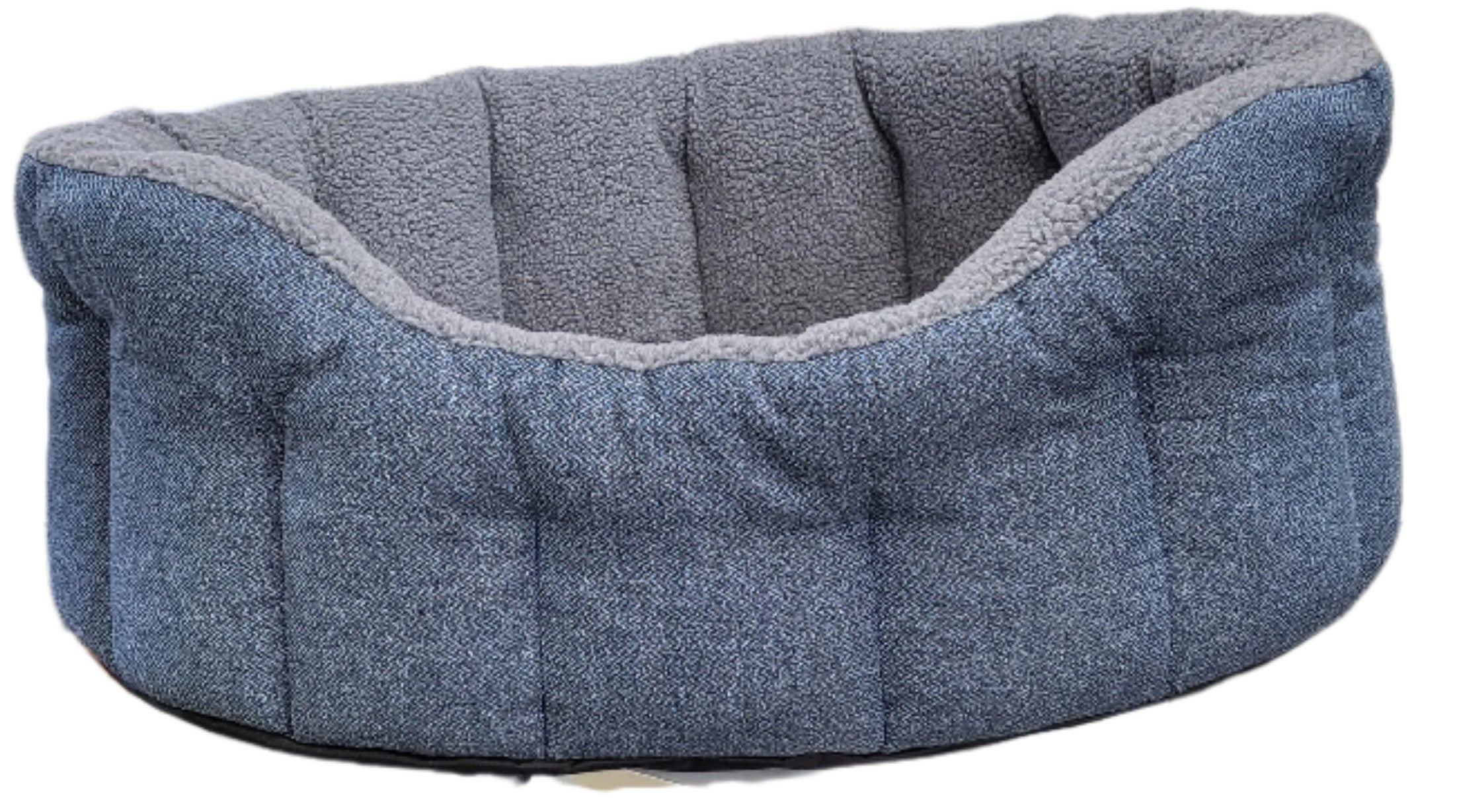 Grey tweed fleece-lined oval bolster dog bed with raised cushioned sides and soft plush interior lining