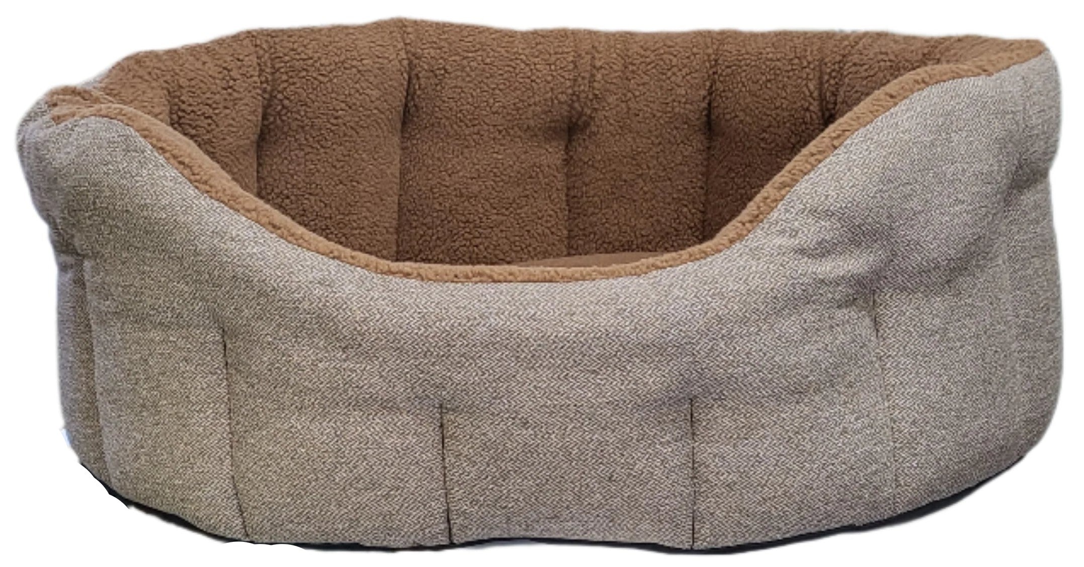 Grey tweed oval dog bed with brown fleece lining and quilted interior cushioning for comfortable pet sleeping
