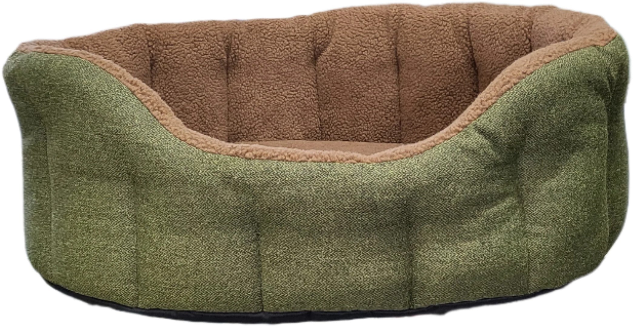 Green Orkney tweed dog bed with brown fleece lining and quilted interior bolster design for comfort and durability