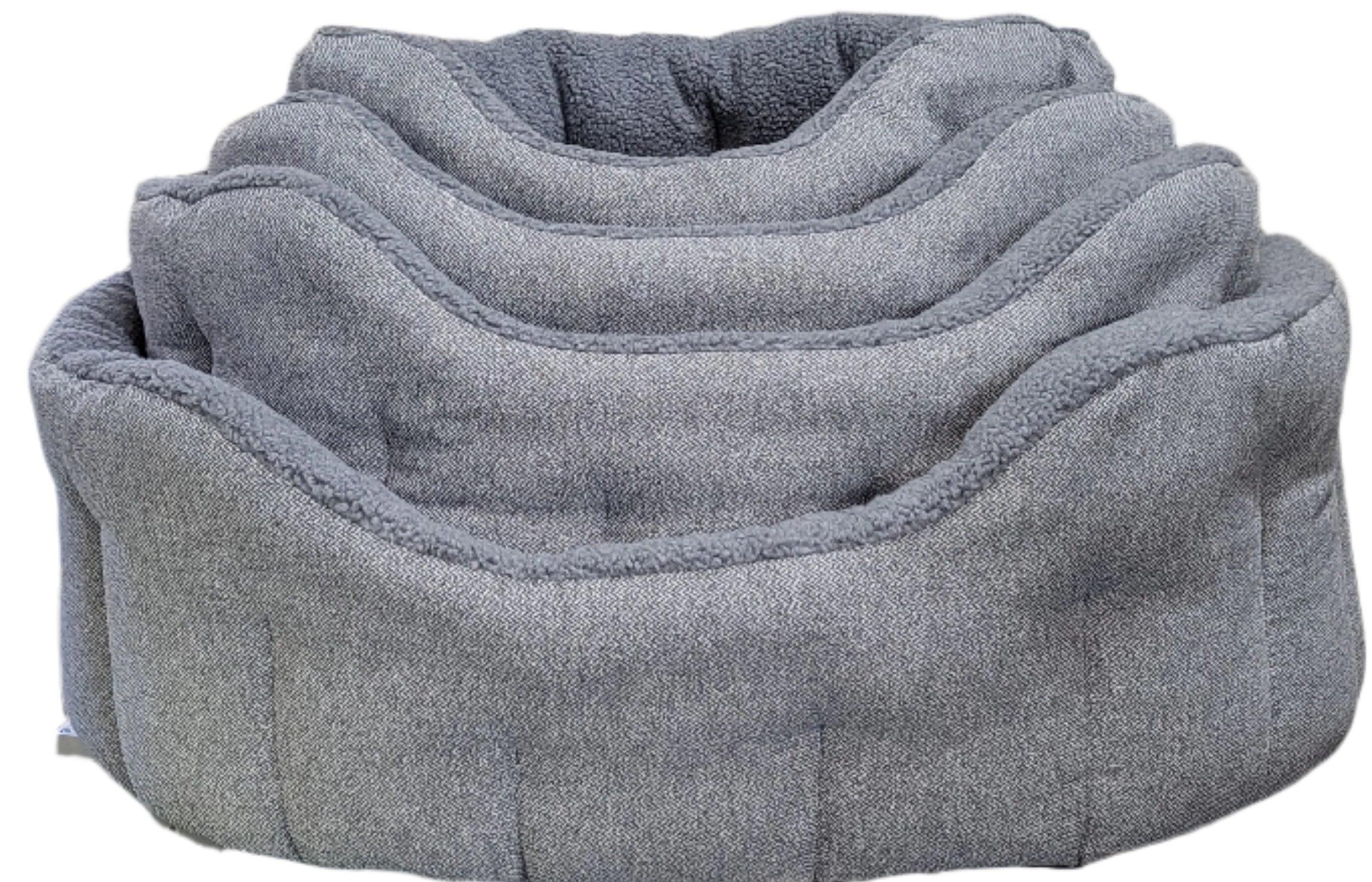 Grey Orkney tweed dog bed with fleece lining and raised bolster sides for comfort and support