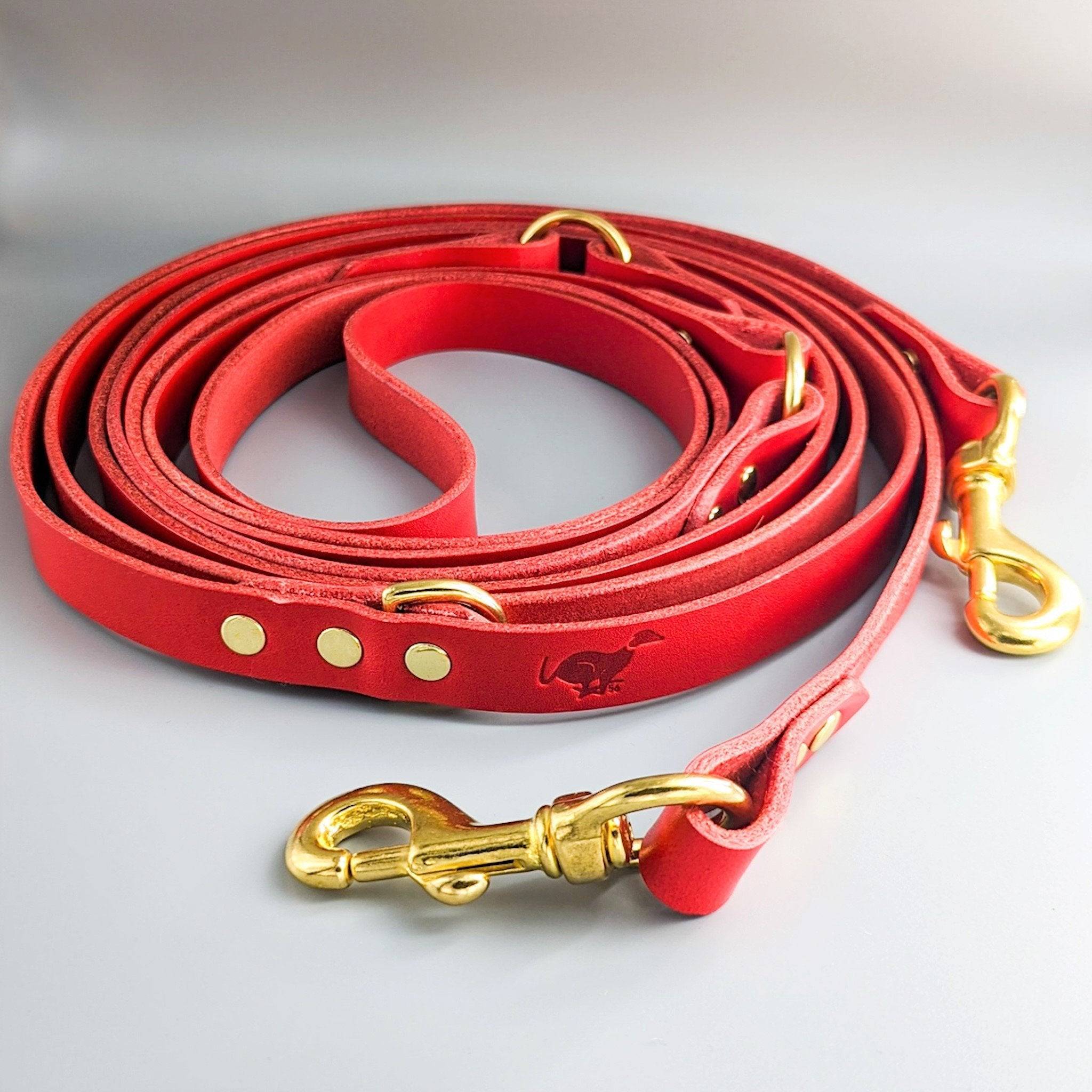 Red leather dog training lead with brass studs, adjustable design and snap hooks on gray background