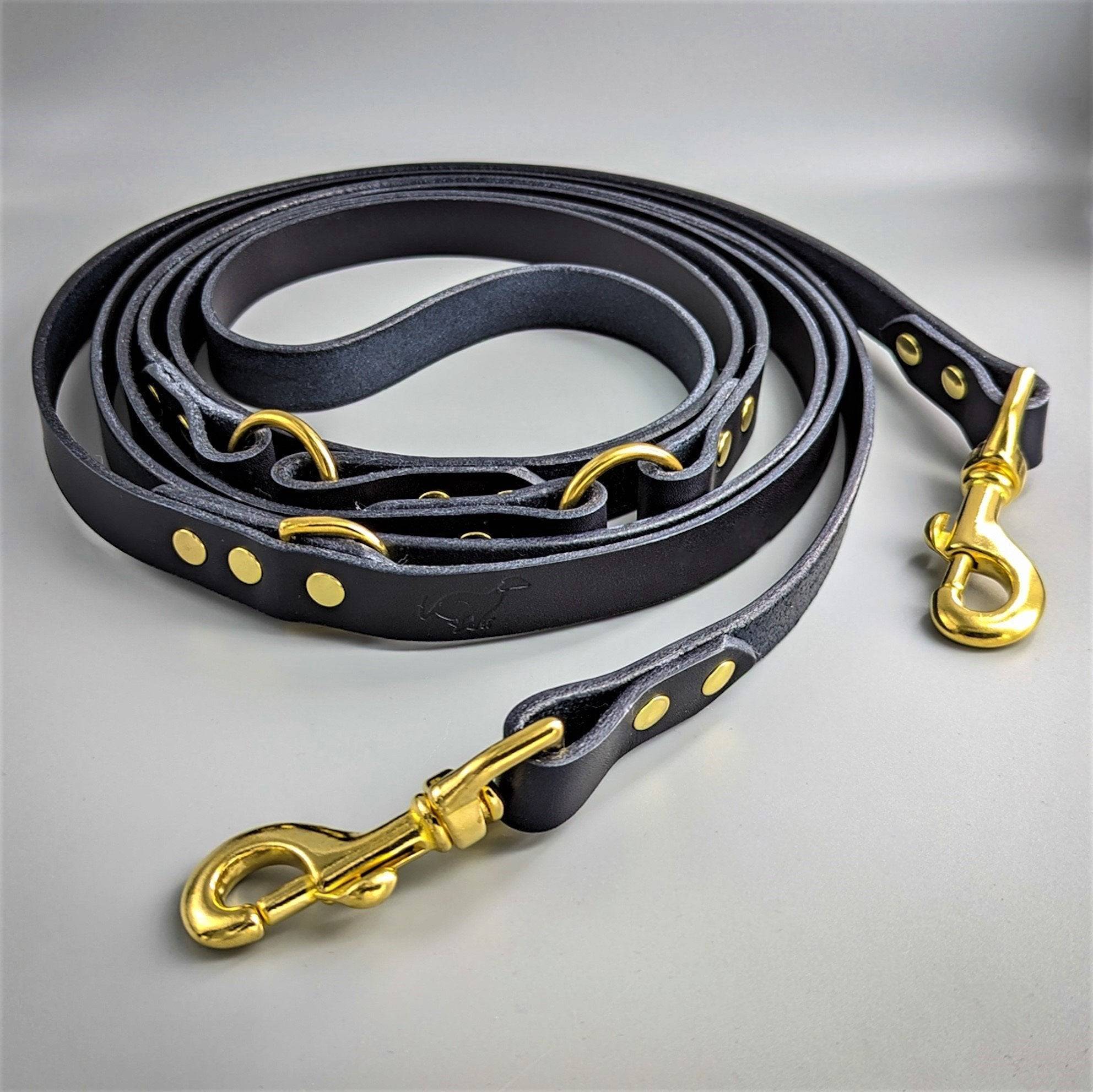 Black leather dog training lead with brass hardware, multiple D-rings and snap hooks for adjustable use