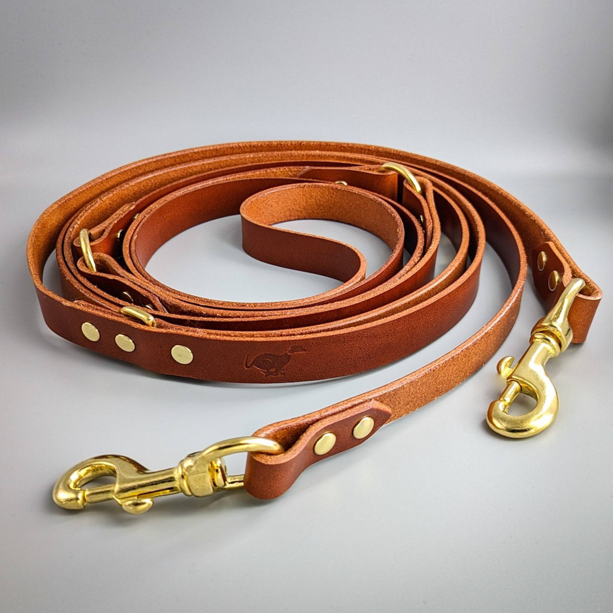Brown leather training lead coiled showing dual snap hooks, brass rivets and adjustable hands-free design