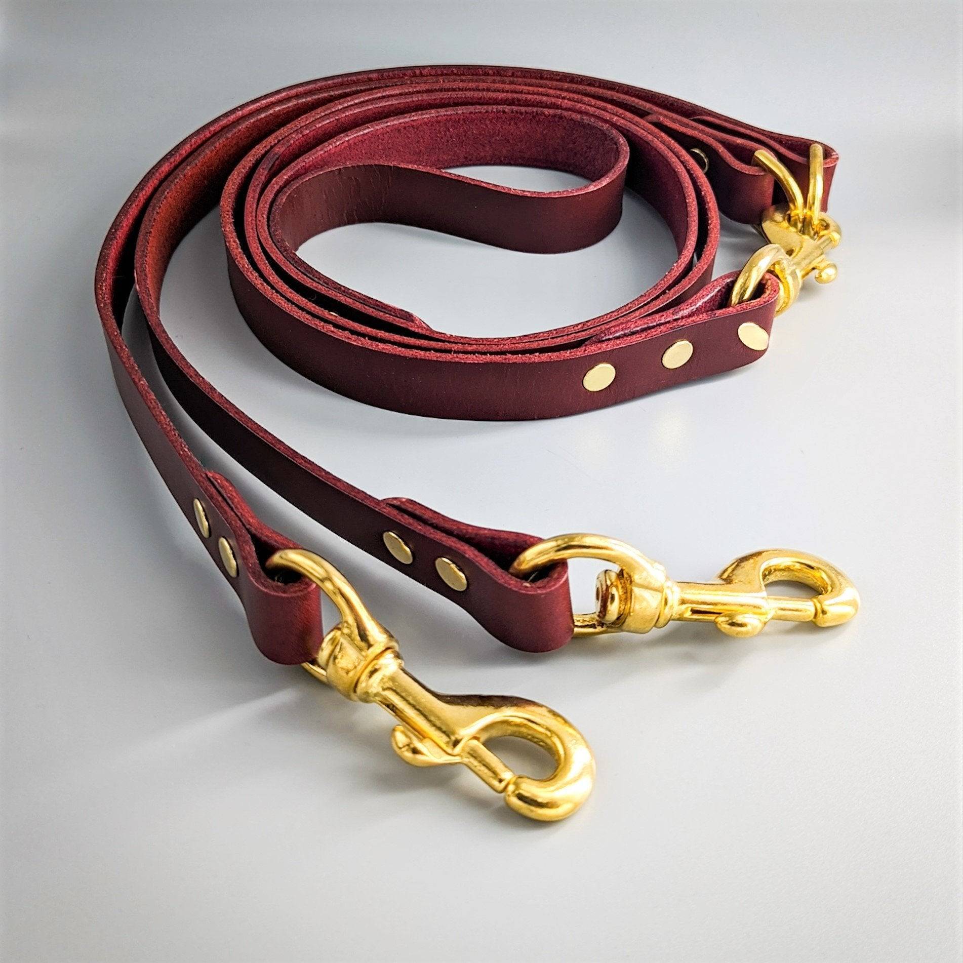 Burgundy leather Cerberus two dog lead with brass hardware, swivel clips and detailed stitching on white background