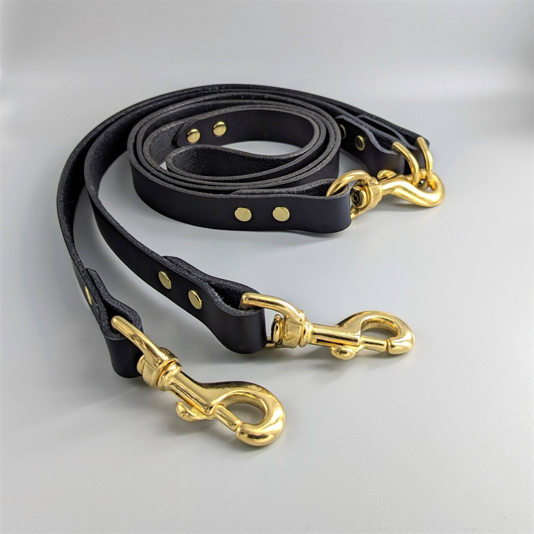 Black leather Cerberus two dog lead with gold brass hardware and Y-shaped design for dual dog control on white