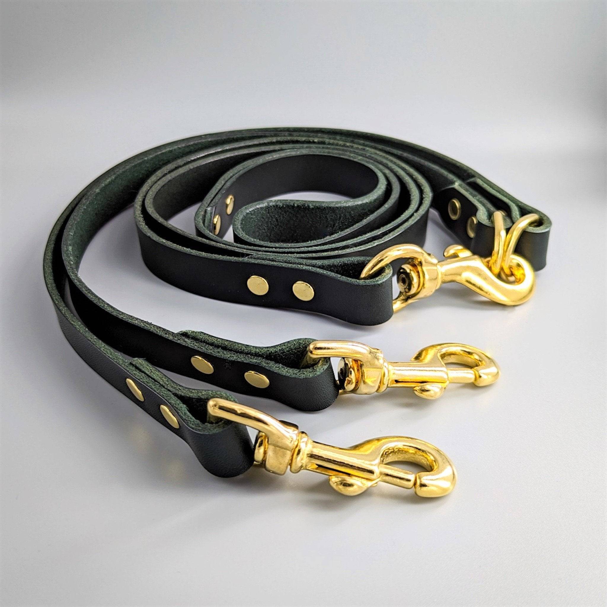 Luxury Cerberus two dog lead in dark green leather with brass hardware and three gold snap hooks on gray background