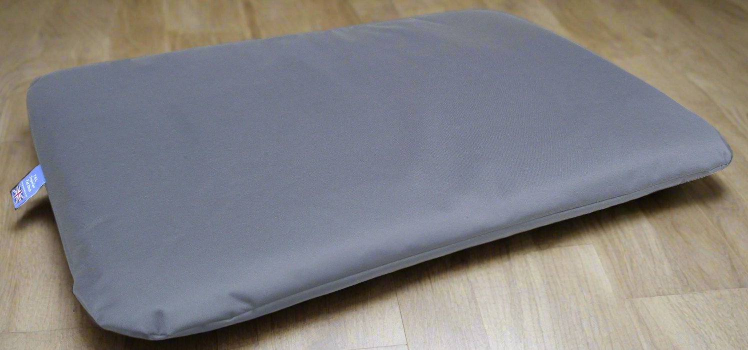 Grey waterproof dog bed duvet cover on wooden floor showing durable fabric and quality construction by P&L