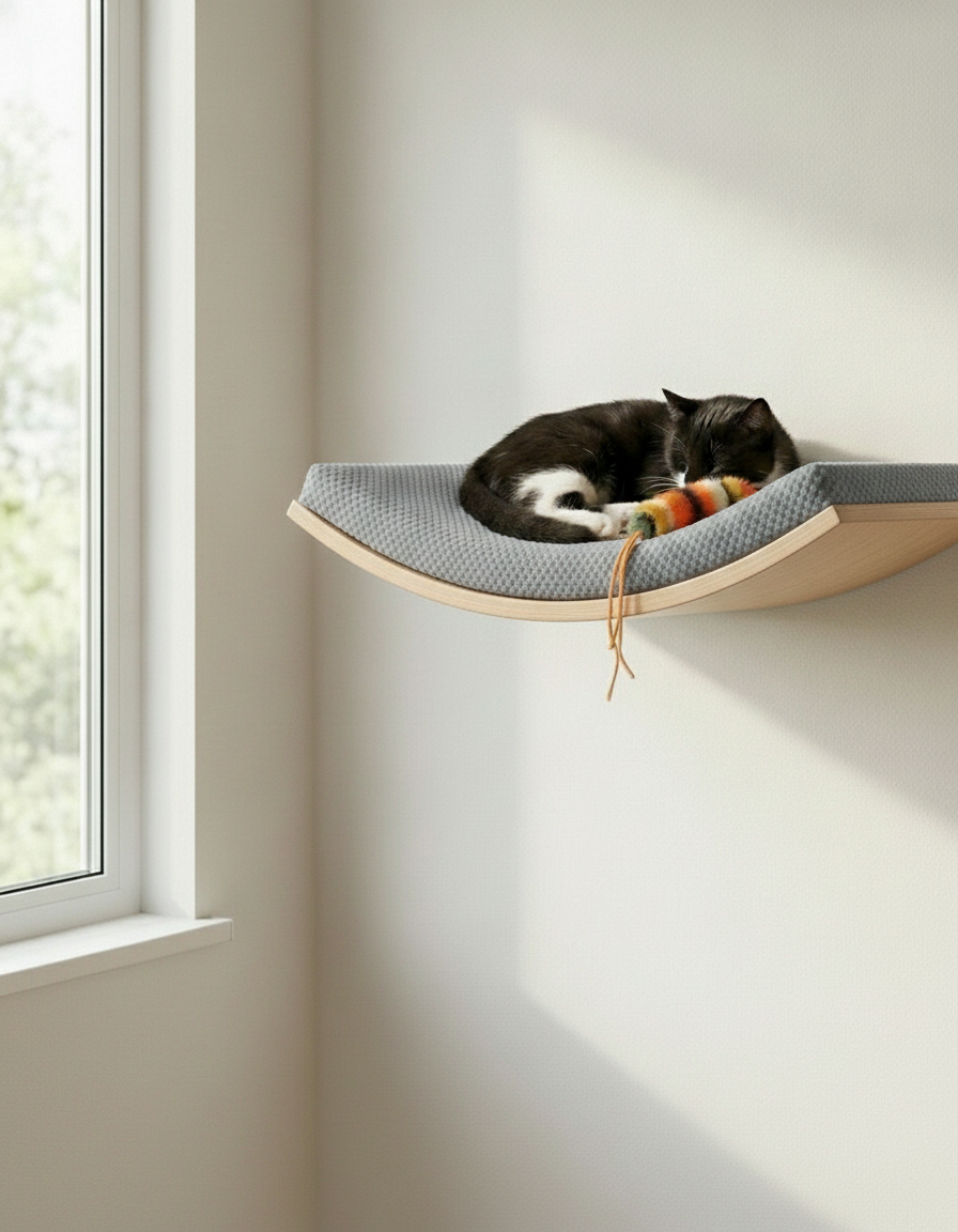 Floating Cat Wall Shelf - Softly Shaped in Natural Beech, Grey cushion