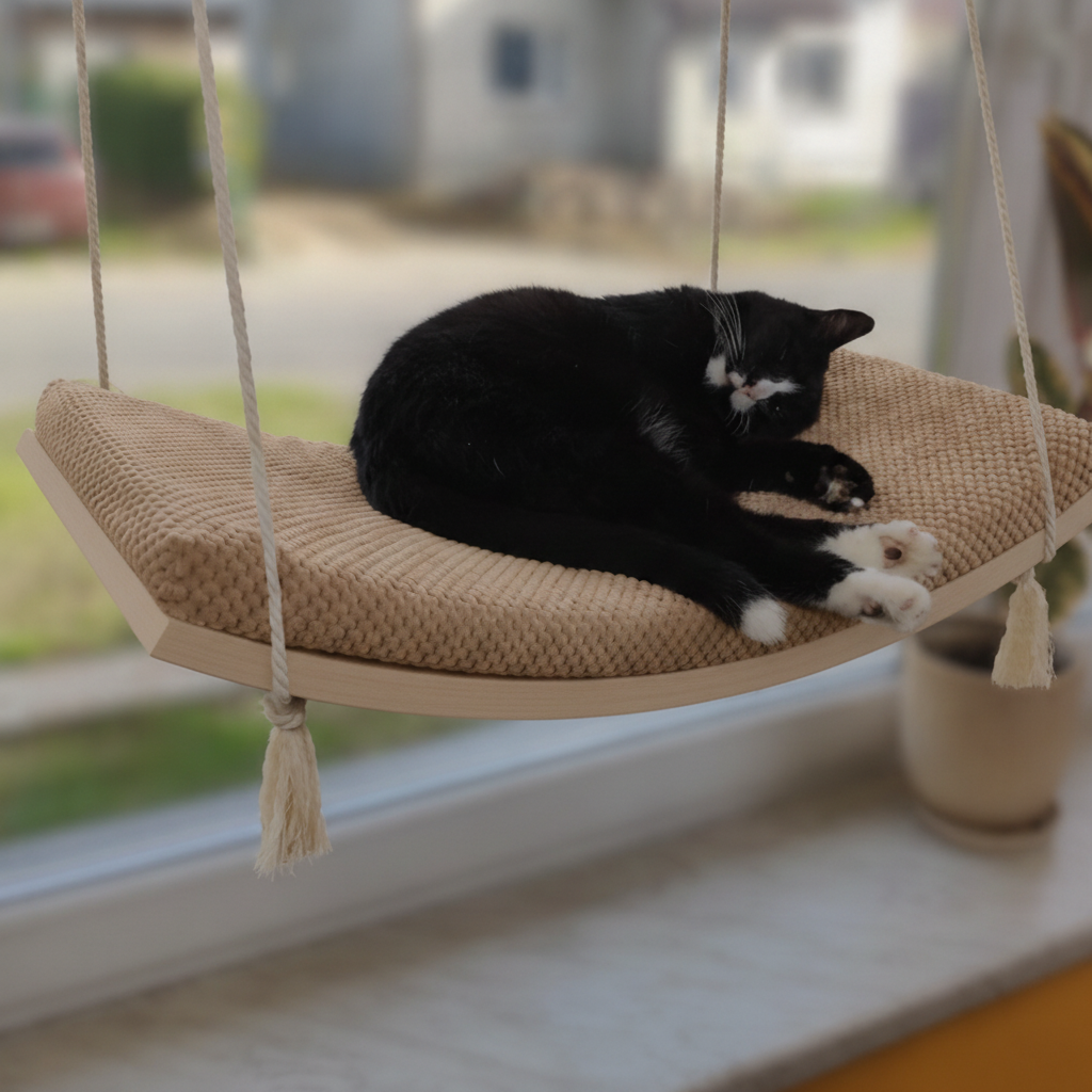 Cat Window Hammock - The Arcing View in Natural Beech, Beige cushion