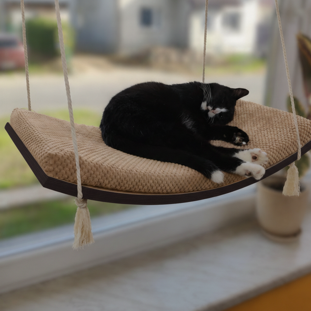 Cat Window Hammock - The Arcing View in Wenge, Beige cushion
