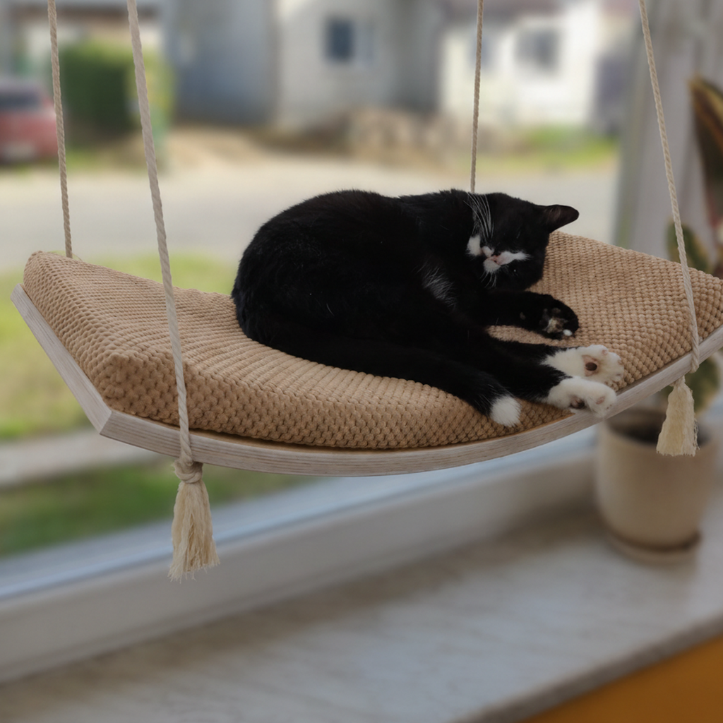 Cat Window Hammock - The Arcing View in White, Beige cushion