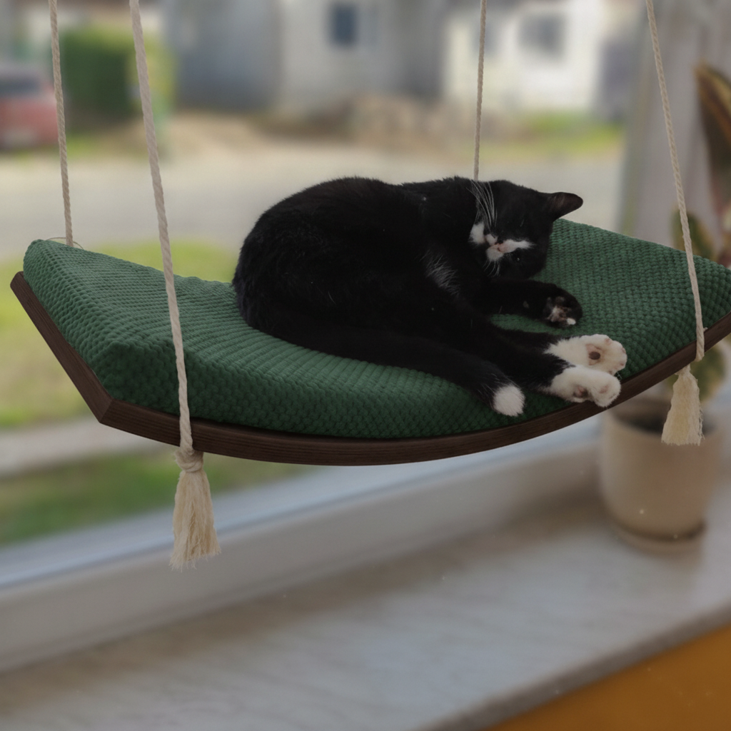 Cat Window Hammock - The Arcing View in Wenge, Bottle Green cushion