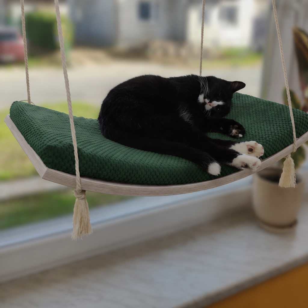 Cat Window Hammock - The Arcing View in White, Bottle Green cushion