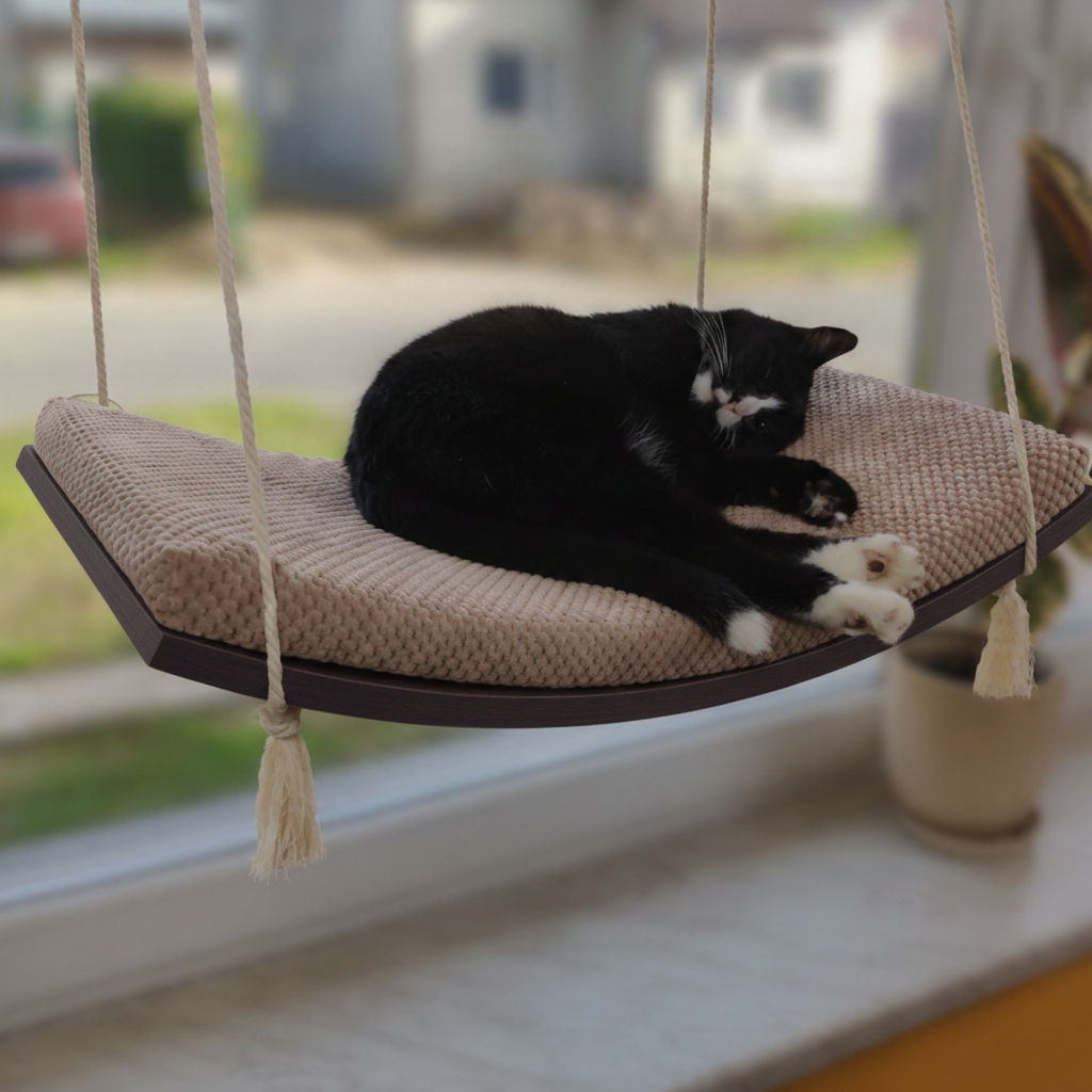 Cat Window Hammock - The Arcing View in Wenge, Cream cushion