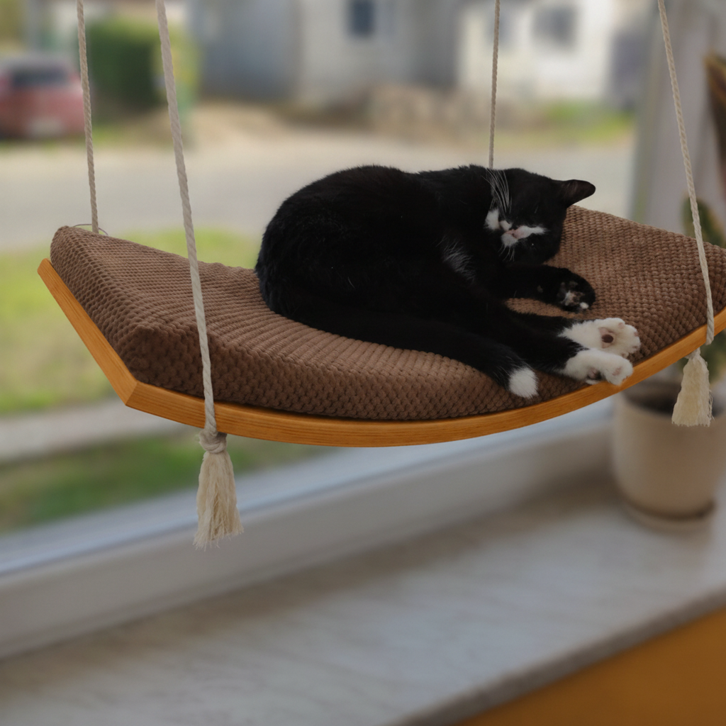 Cat Window Hammock - The Arcing View in Golden Oak, Dark Chocolate cushion