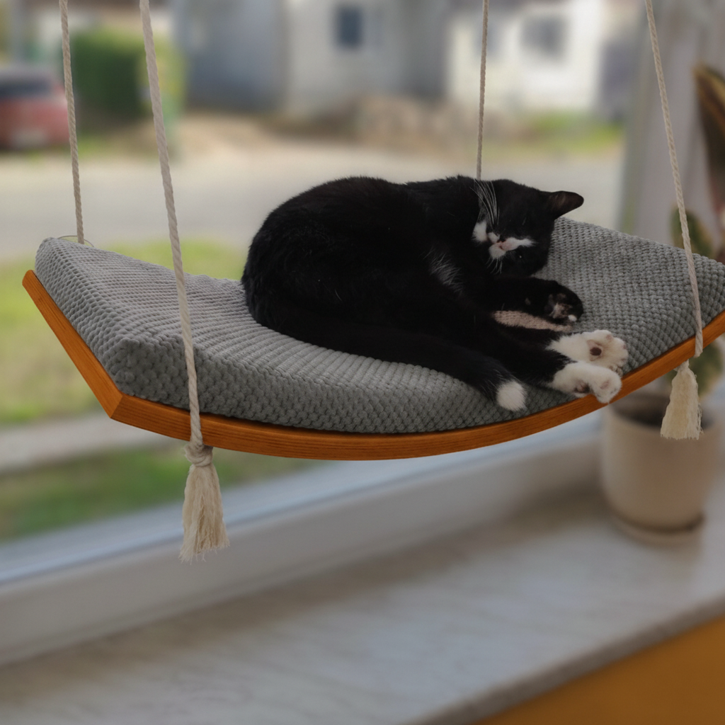 Cat Window Hammock - The Arcing View in Golden Oak, Dark Grey cushion