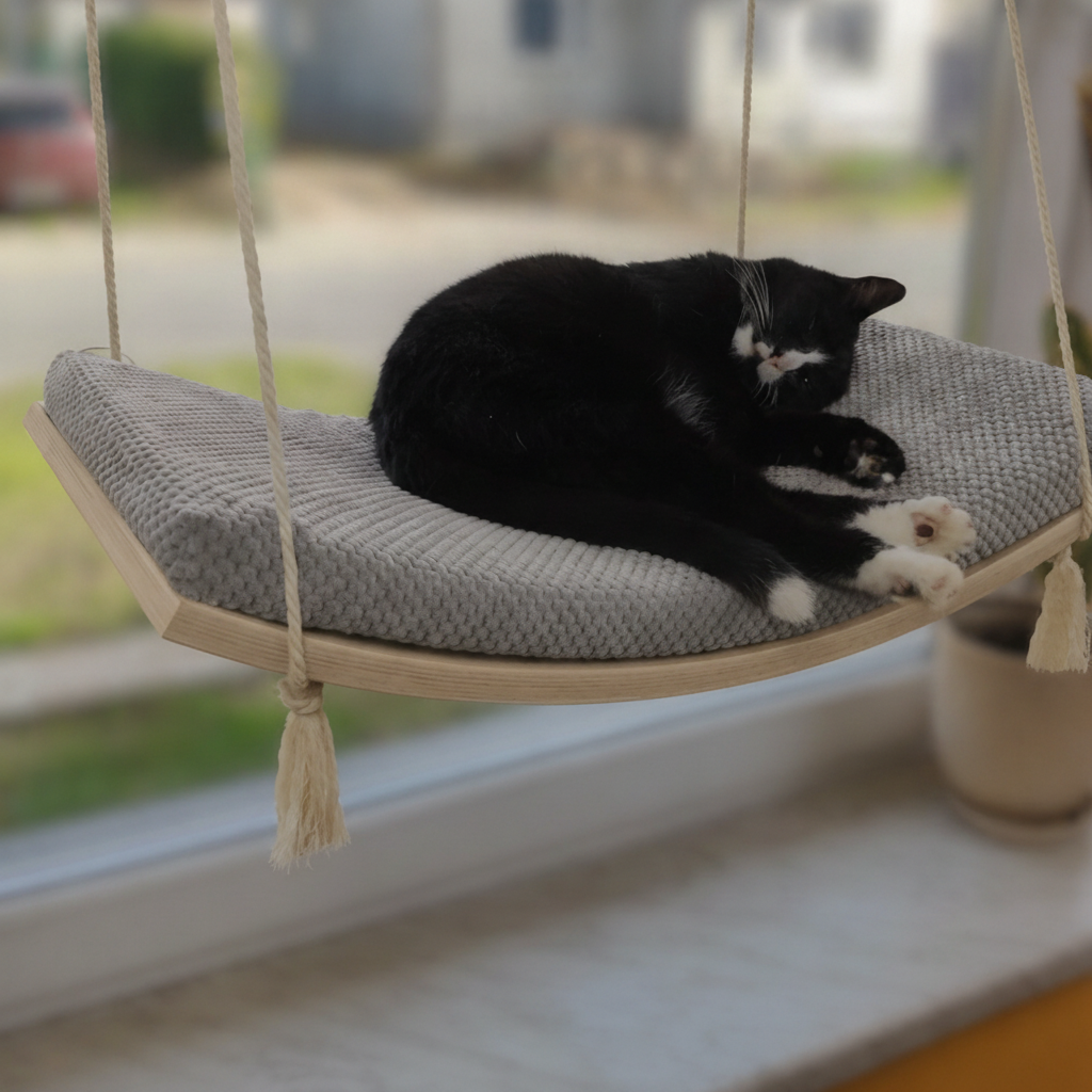 Cat Window Hammock - The Arcing View in Natural Beech, Grey cushion