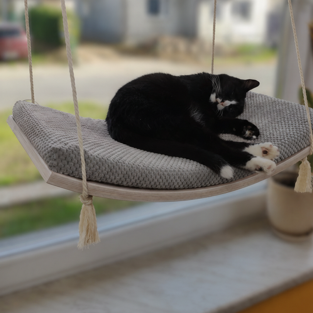 Cat Window Hammock - The Arcing View in White, Grey cushion