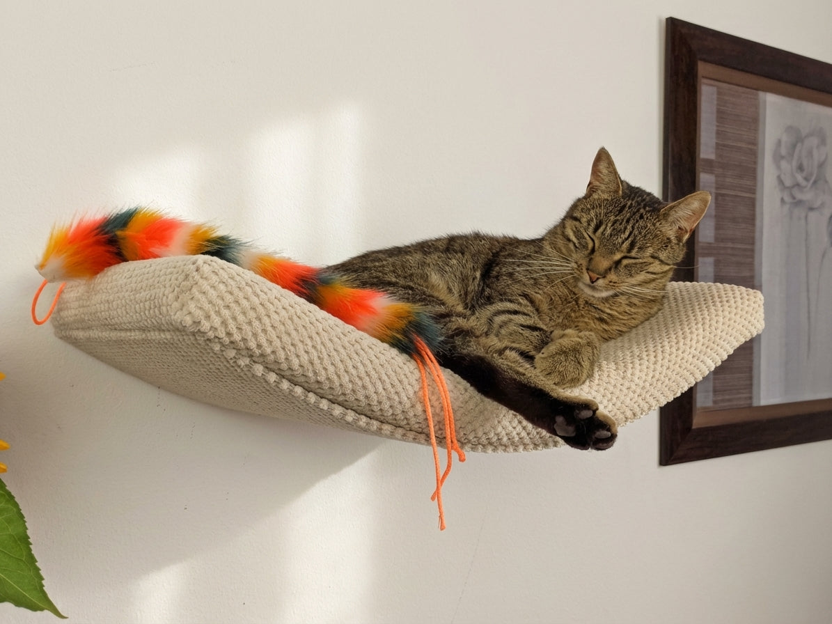 Cat sleeping peacefully on beige fabric wall-mounted cat shelf with colorful feather toys attached to frame