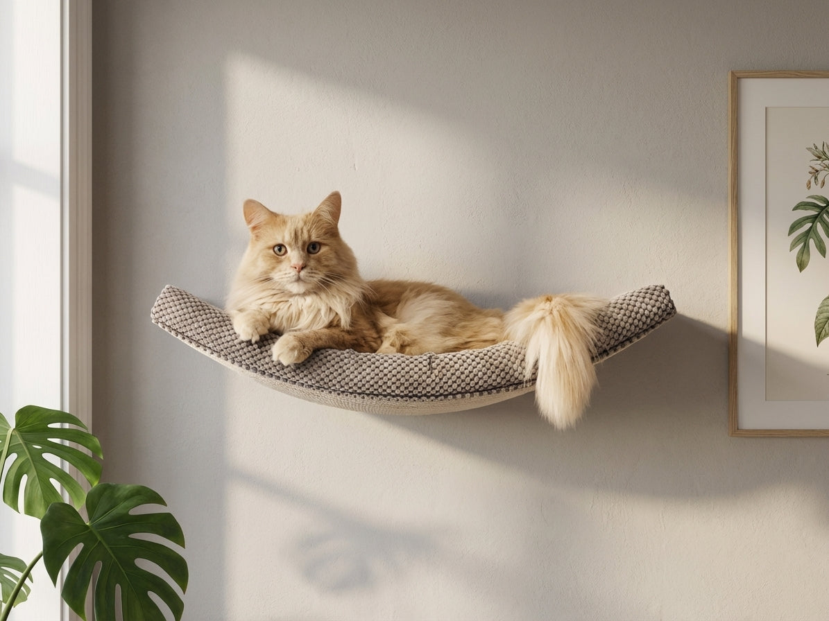 Long-haired ginger cat relaxing on curved grey textured wall-mounted shelf hammock against white background