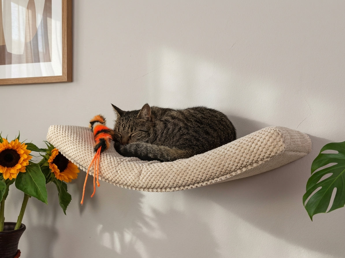 Tabby cat sleeping on curved beige knitted wall-mounted cat shelf with orange ribbon toy near sunflowers