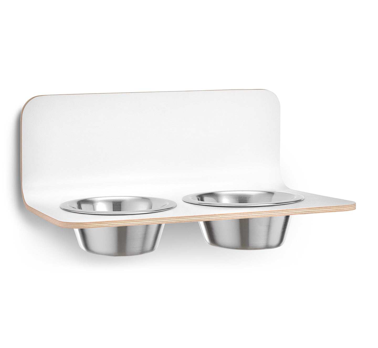 MiaCara Arco wall-mounted dog feeder in white with dual stainless steel bowls, minimalist German design pet furniture