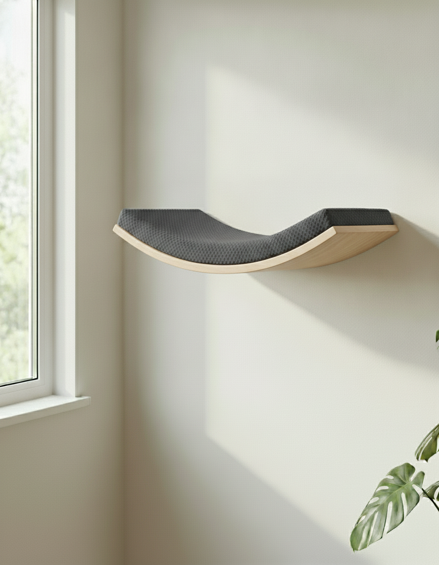 Floating Cat Wall Shelf - Softly Shaped in Natural Beech, Dark Grey cushion