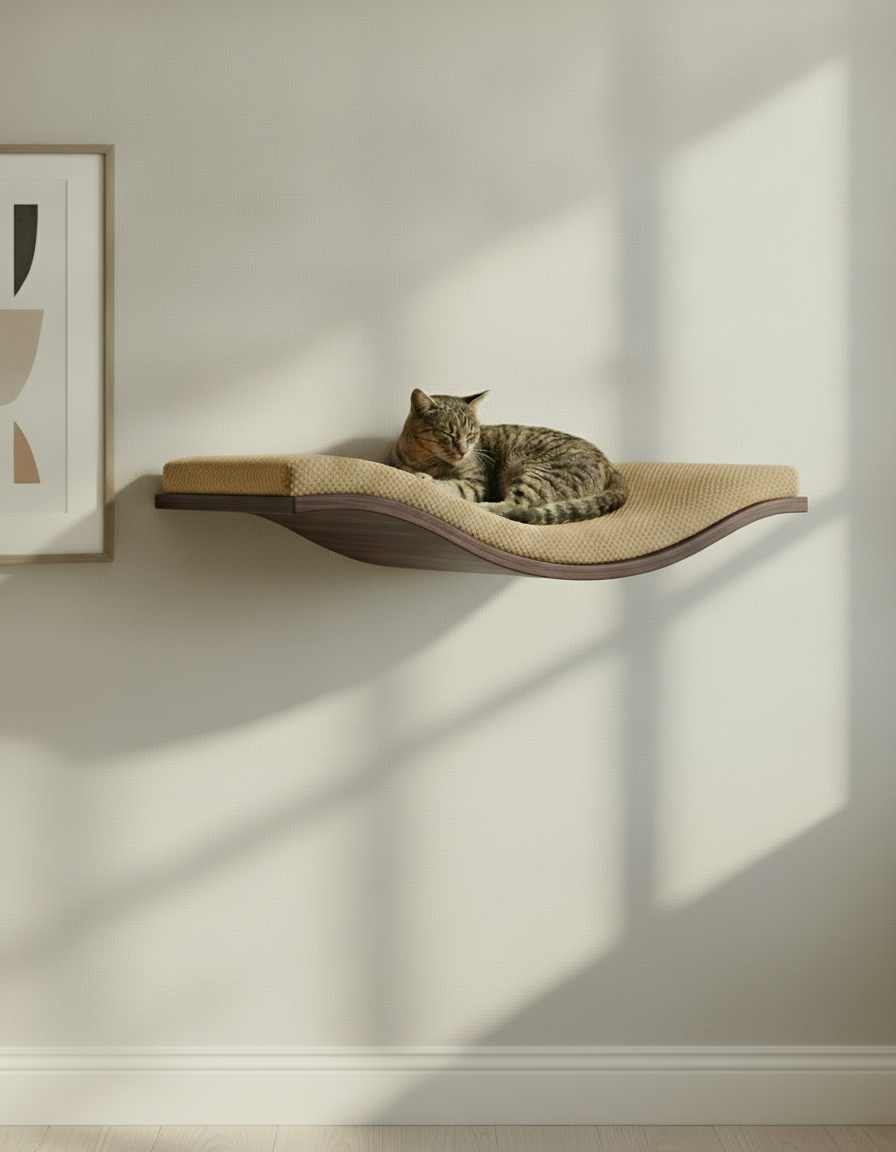 Floating Cat Wall Shelf - The Wavey Retreat in Wenge, Beige cushion