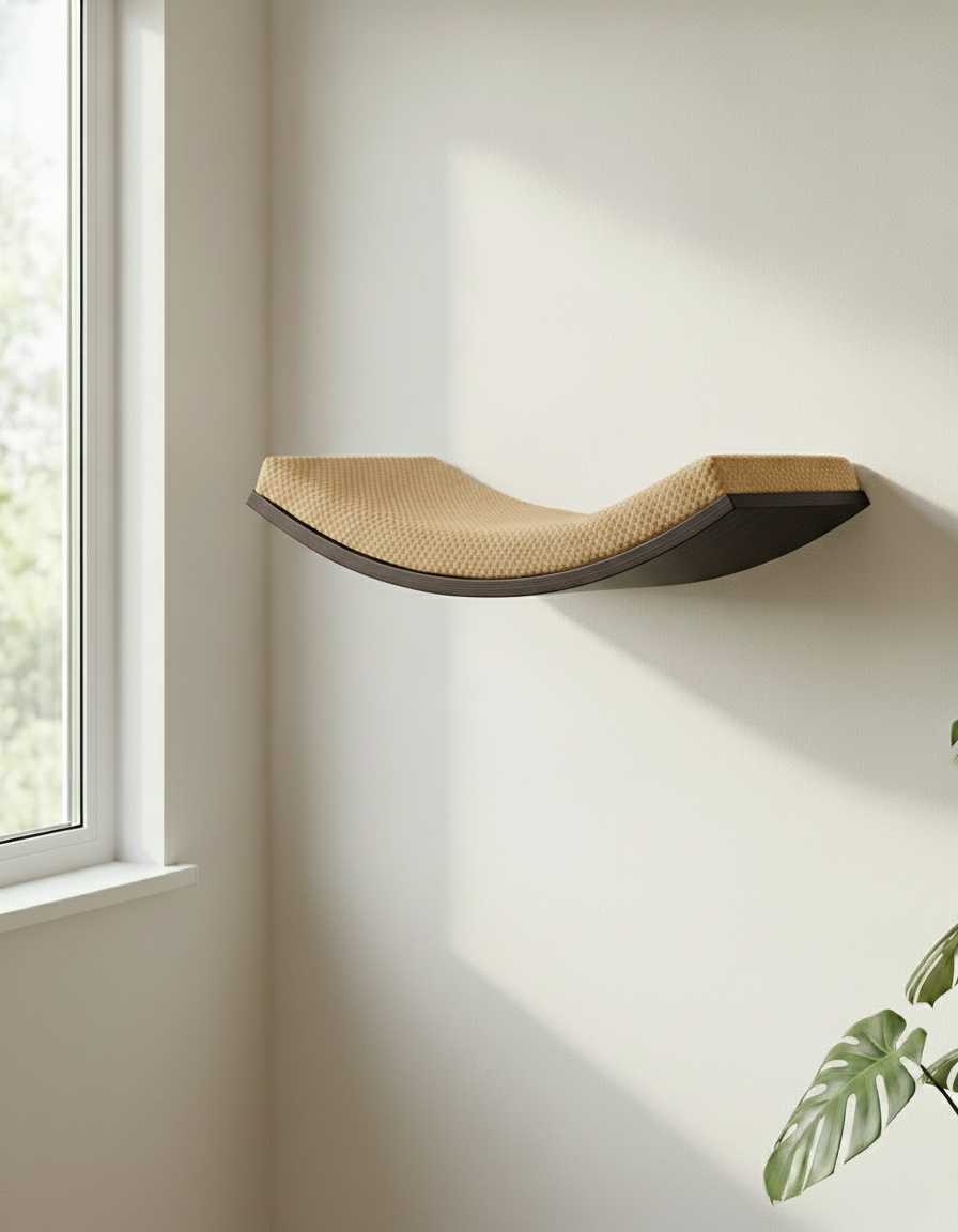 Floating Cat Wall Shelf - Softly Shaped in Wenge, Beige cushion