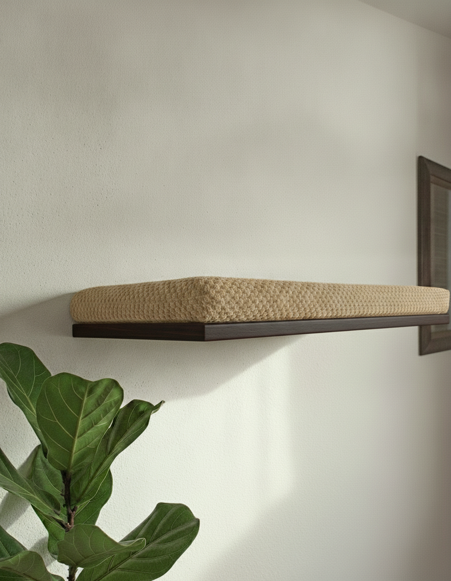 Floating Cat Wall Shelf - The Cozy Nook in Wenge, Beige cushion
