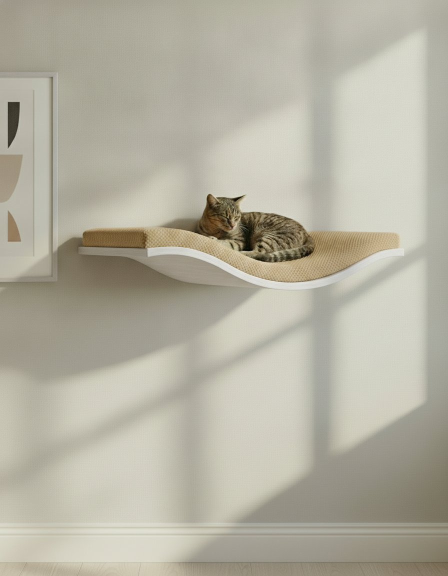 Floating Cat Wall Shelf - The Wavey Retreat in White, Beige cushion