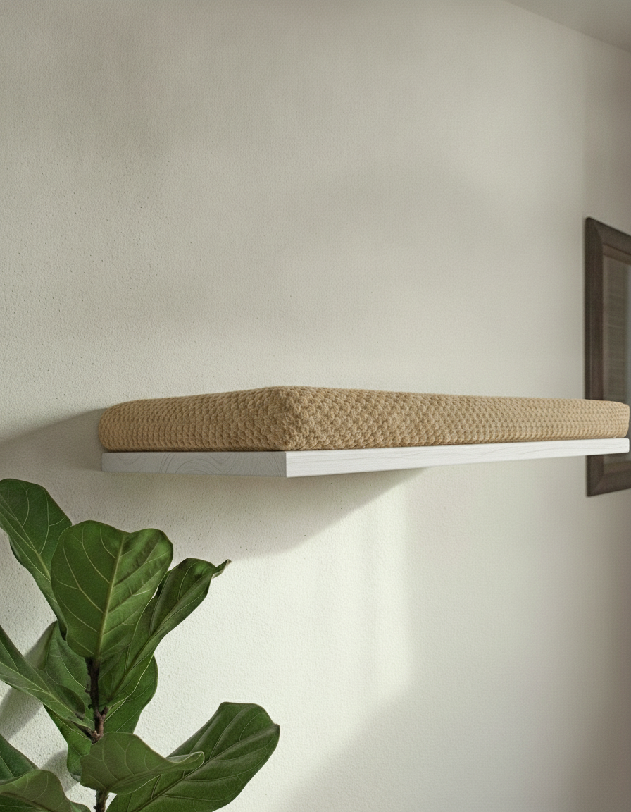 Floating Cat Wall Shelf - The Cozy Nook in White, Beige cushion