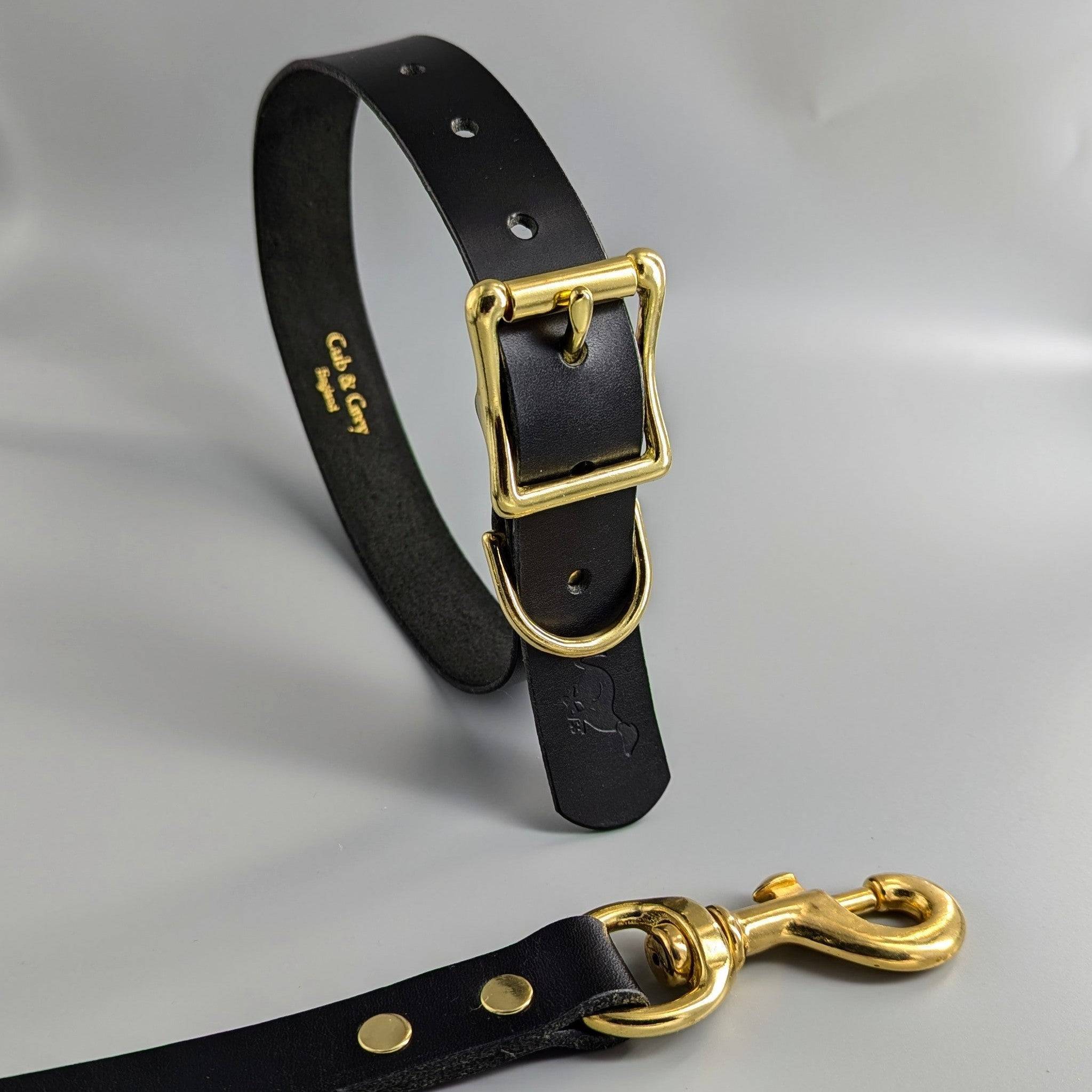 Detail view of handmade Sedgwick leather dog collar and lead set brass fittings