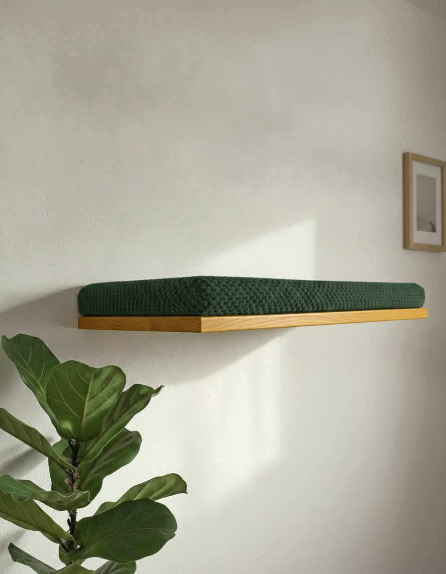 Floating Cat Wall Shelf - The Cozy Nook in Golden Oak, Bottle Green cushion