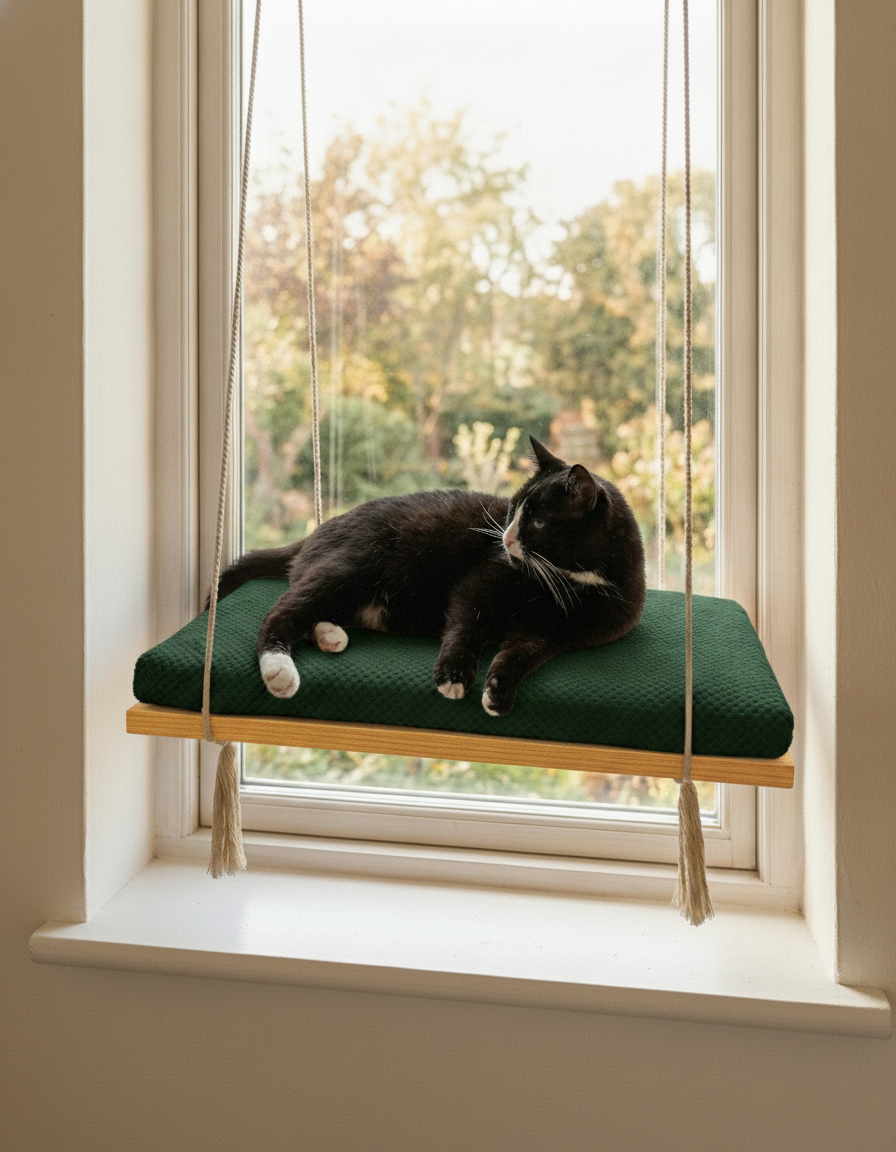 Cat Window Perch - Pine Wood - The Sunny Spot in Golden Oak, Bottle Green cushion