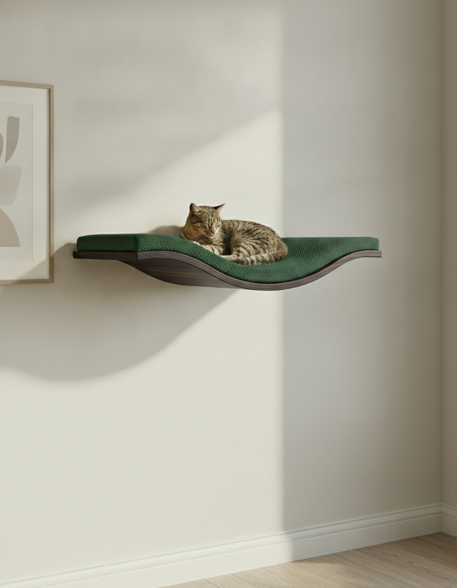 Floating Cat Wall Shelf - The Wavey Retreat in Wenge, Bottle Green cushion