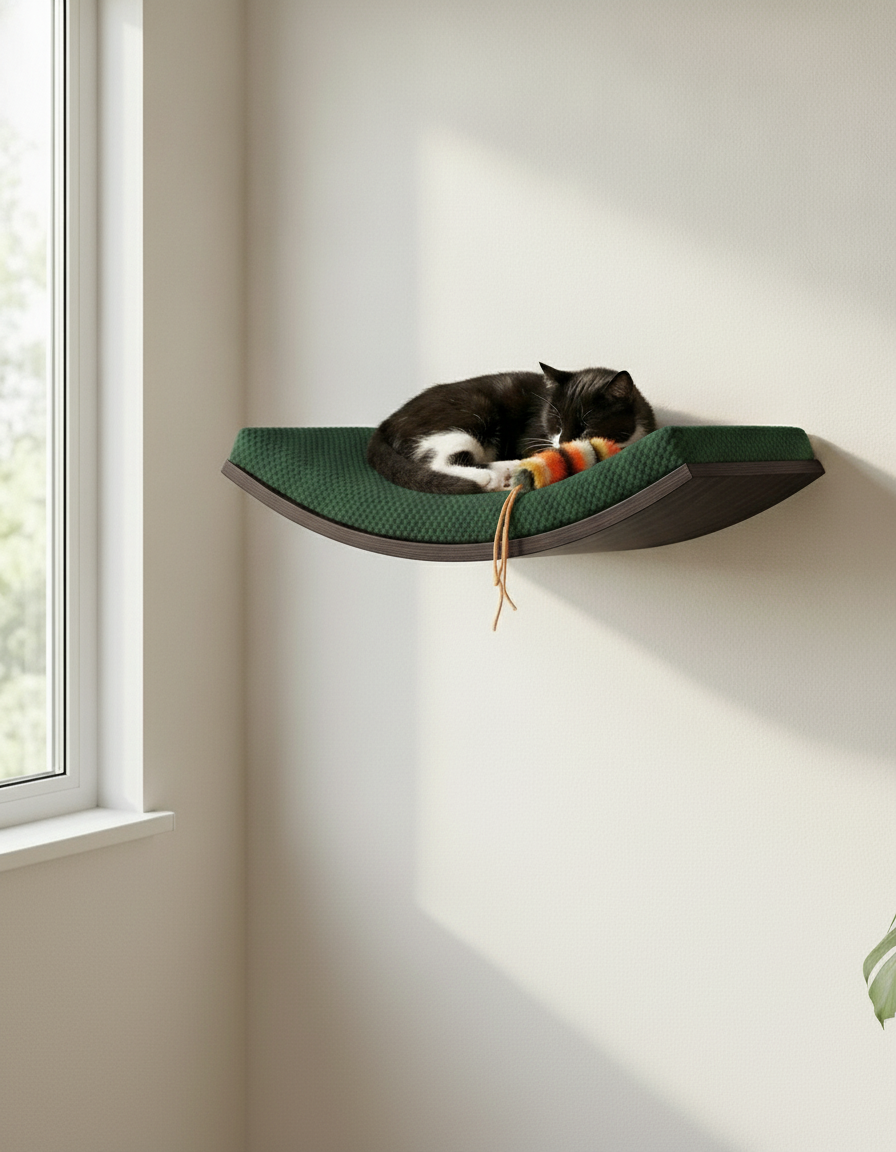Floating Cat Wall Shelf - Softly Shaped in Wenge, Bottle Green cushion