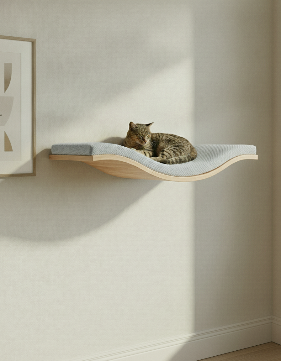 Floating Cat Wall Shelf - The Wavey Retreat in Natural Beech, Grey cushion