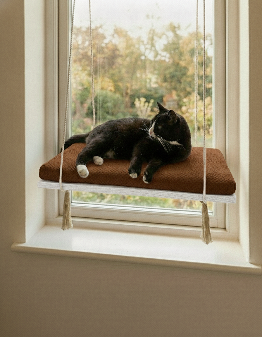 Cat Window Perch - Pine Wood - The Sunny Spot in White, Dark Chocolate cushion