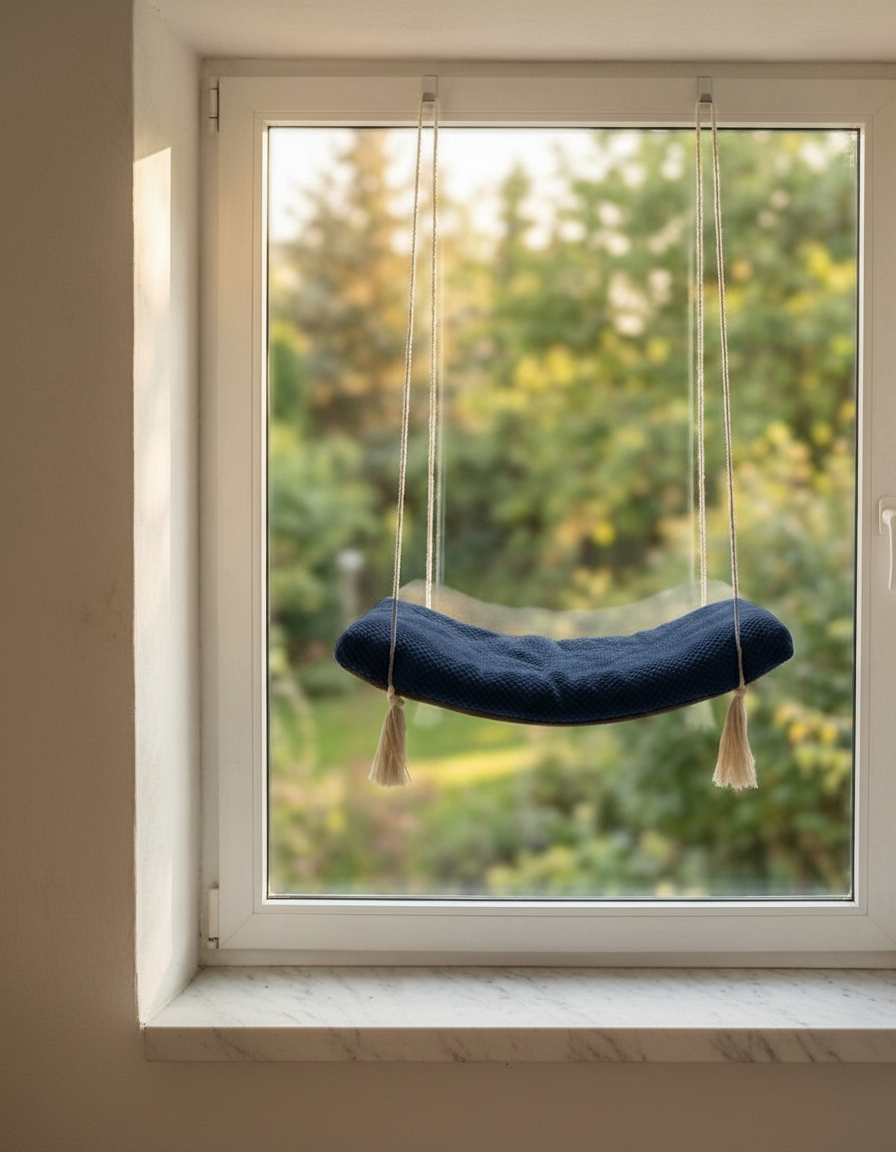 Cat Window Shelf - The Arcing View with Deep Navy Blue DOT cushion