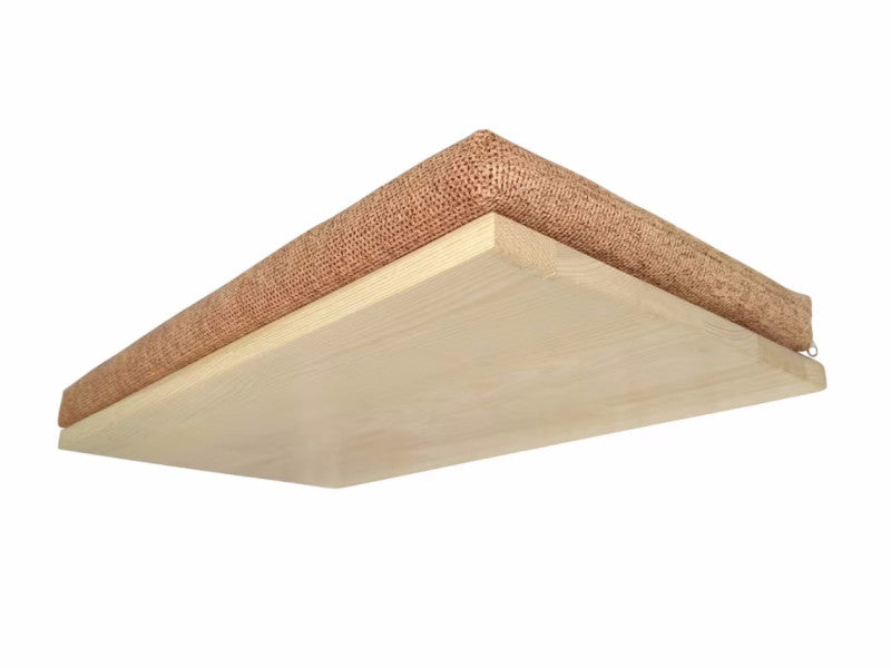 Cat's Atelier Floating Cat Wall Shelf, a light wood shelf with a brown textured top