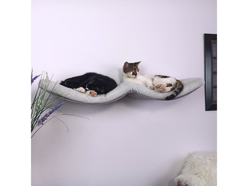 Two cats relaxing on grey fabric wall-mounted cat shelf with curved arch design - Cat Wall Shelf Double Haven