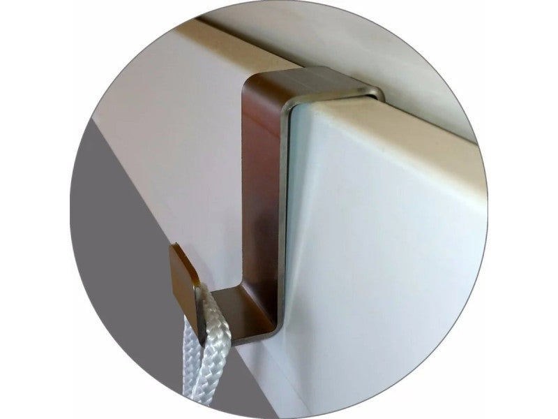 Cat window hammock with white fabric bed and metal frame showing mounting bracket attachment detail