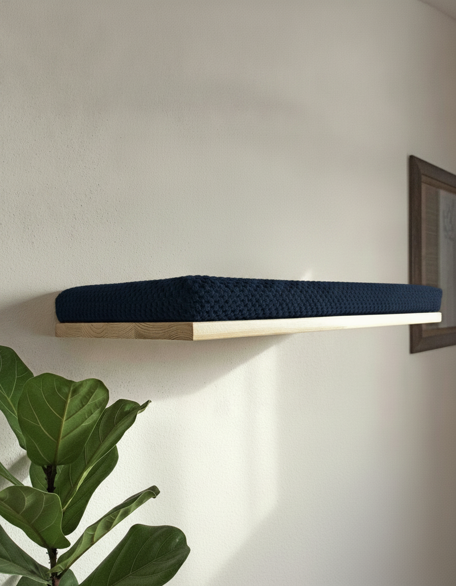 Floating Cat Wall Shelf - The Cozy Nook in Natural Pine, Deep Navy Blue cushion