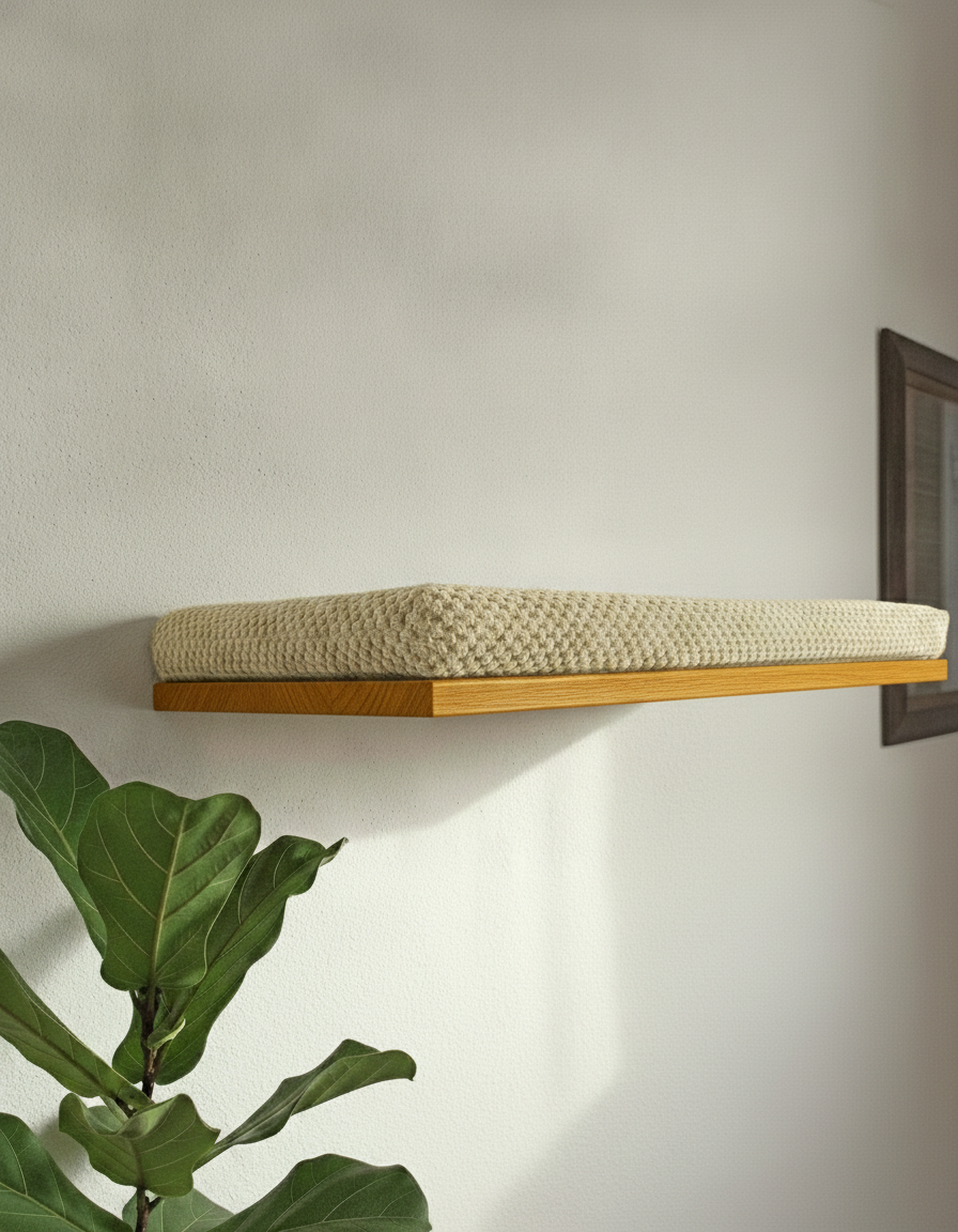 Floating Cat Wall Shelf - The Cozy Nook in Golden Oak, Cream cushion