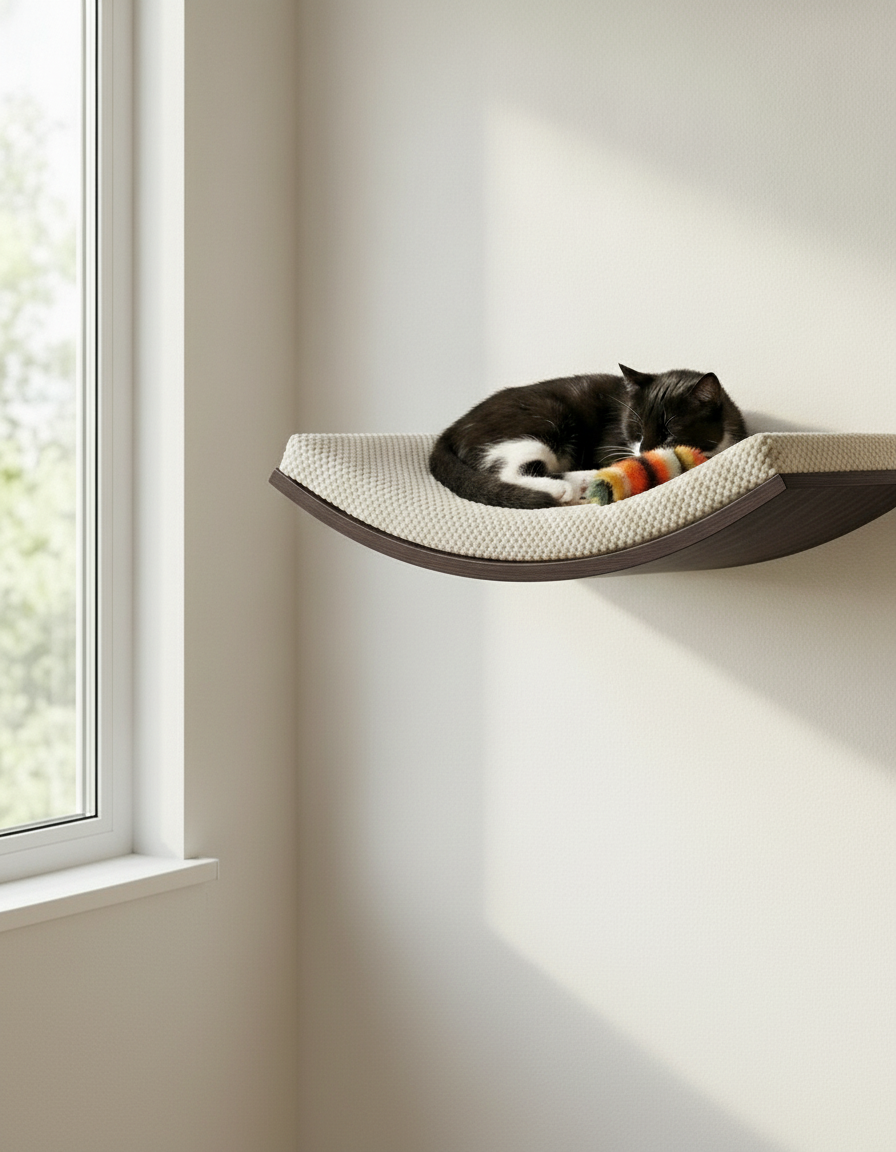 Floating Cat Wall Shelf - Softly Shaped in Wenge, Cream cushion